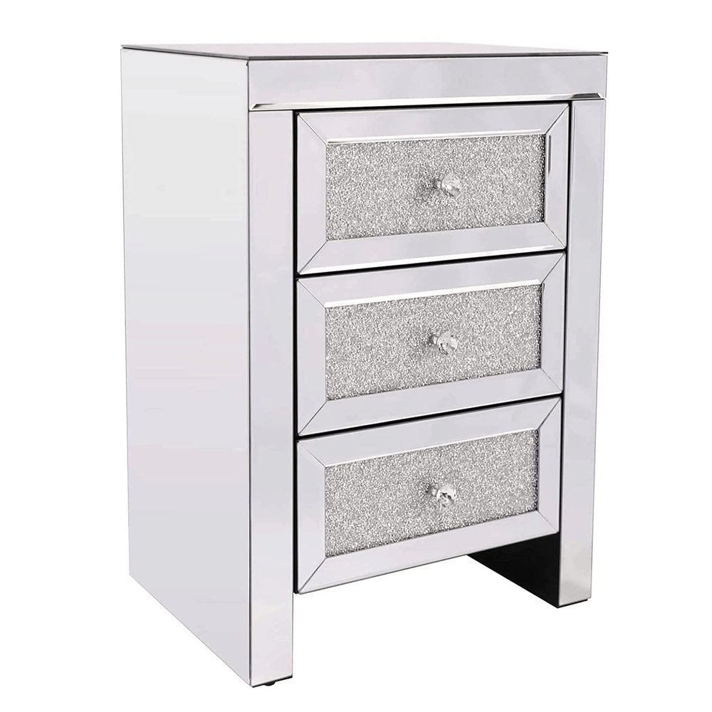 POCHY Beautiful Nightstand Nightstand Crystal Diamond Mirror Bedside Table with 3 Drawers Bedside Cabinet Simple Silver Bedroom Bedside Dresser Save Space