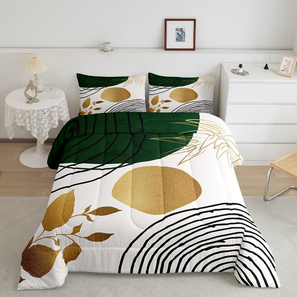 Modern Geometric Comforter Set Queen Size for Teens Youth Artists Minimalist, Boho Abstract Bedding Tropical Palm Leaves Bedding Comforter Sets Simple Graphic Printed Duvet Insert with 2 Pillowcases