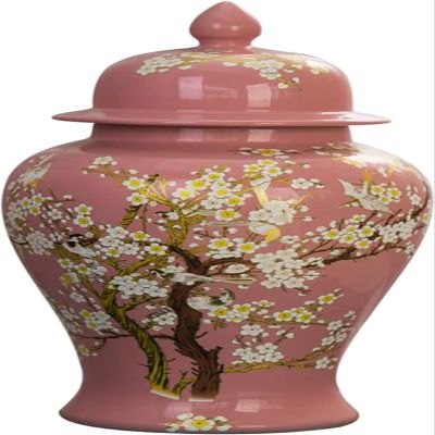 BTURYT Vases Ceramic Ginger Jar with Lid, Chinoiserie Decorative Porcelain Jars for Home, Pink Flower Vase, Glossy Vase for Table, Living Room, Mantle Fireplace, Centerpiec
