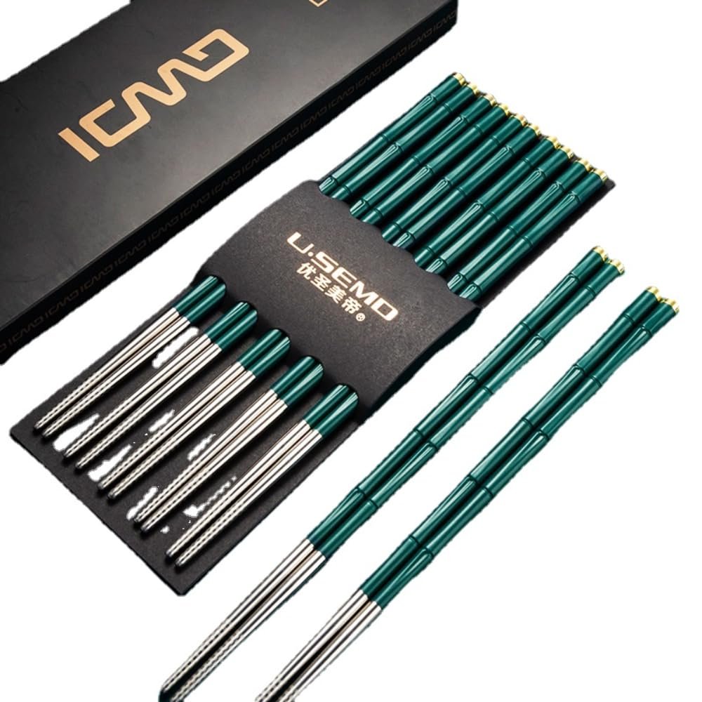 SALFEE 10pairs Stainless Steel Chopsticks Set Metal Non-Slip Chopstick Reusable