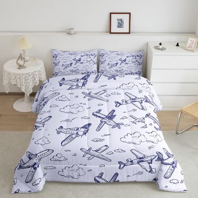 Aircraft Bedding Comforter Sets Twin Size Kids Airplane Print Bedding Sky Plane Flying Comforter Set Sketch Style Blue White Down Comforter Bedroom Decor for Boys Girls, 1 Comforter Set 1 Pillowcase