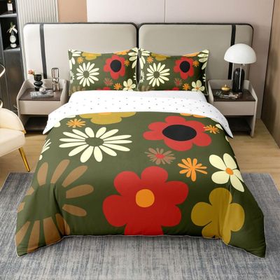 Vintage Floral 100% Cotton Duvet Cover King for Kids,60S 70S Groovy Blossom Comforter Cover Grunge Room Decor for Teens Girls,Retro Hippie Flowers Bedding Set Green Quilt Cover with 2 Pillowcases