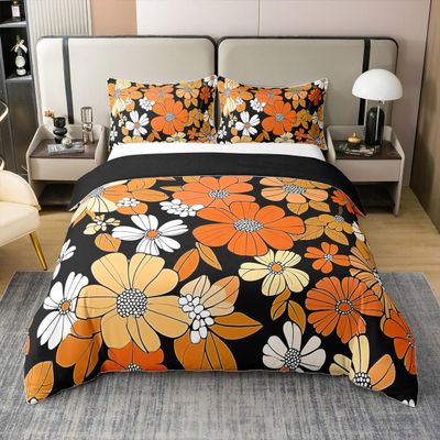100% Cotton Vintage 60S 70S Groovy Floral Bedding Set King,Retro Hippie Flowers Duvet Cover Boho Trippy Style Comforter Cover Natural Garden Botanical Quilt Cover Aesthetic Room Decor for Teen Girls