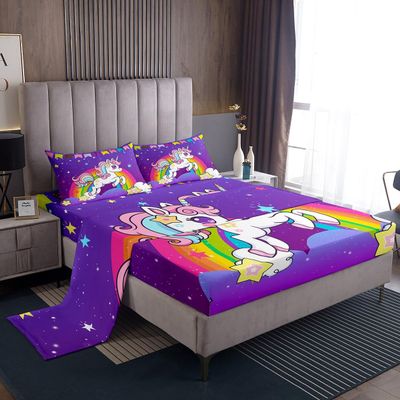 Erosebridal Girls Unicorn Sheets Cute Rainbow Unicorn Sheet Set Full Size for Kids Children Toddlers, Cartoon Animal Pattern Bed Sheets Set Gift for Girls Bedroom Decor, Pink Purple