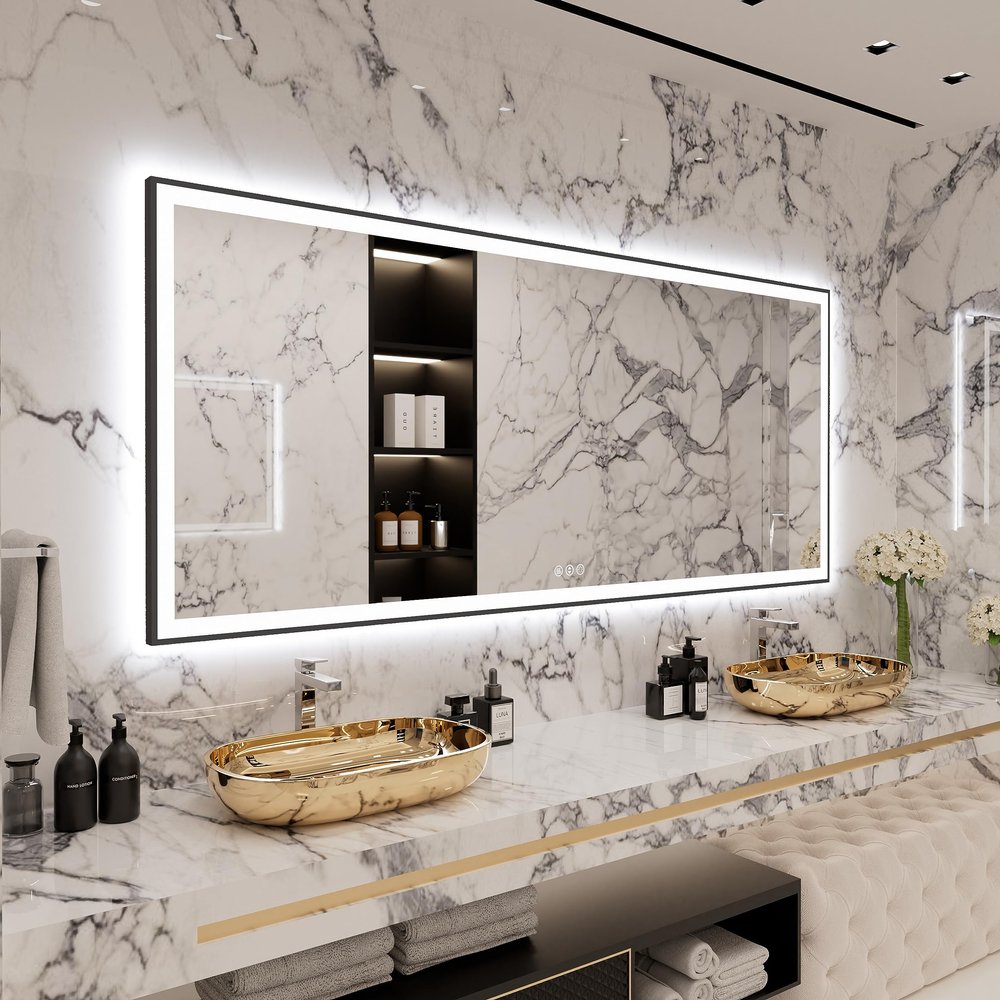 88x38 Large Light Bathroom Mirror - Backlit and Front Lighted LED Wall-Mounted Vanity Mirror Modern Rectangle Black Mirror, Dimmable, Anti-Fog, Memory, Shatterproof, ETL Listed (Horizontal/Vertical)