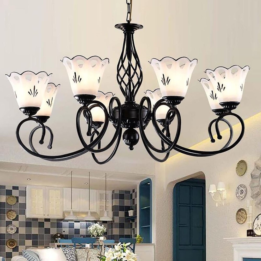 YUEGOO Chandeliers,Pastoral Style Chandelier Creative Iron Light Flower-Shaped Glass Lampshade Ceiling Lamps for Living Room Bedroom Dining Room Art Lamps Lighting/Black/85 * 47Cm