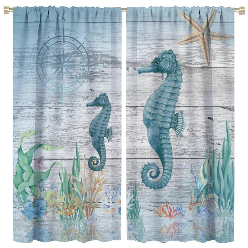 INSFBRB Sea Seahorse Curtains for Living Room, Retro Compass Wooden Nautical Coastal Ocean Seahorse Starfish Theme Rod Pocket Thermal Insulated,Window Drapes 84x84in