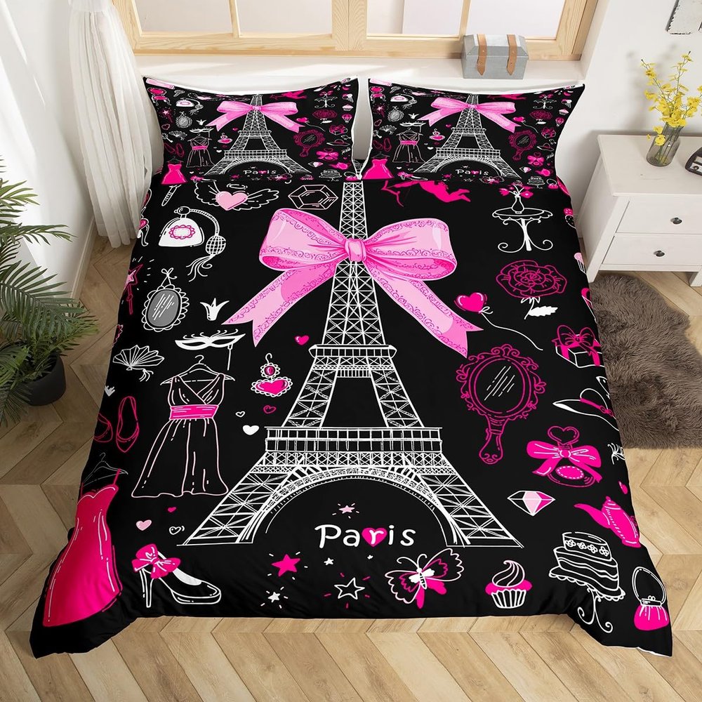 Eiffel Tower Bedding Set Heart Decor,City Building of Paris Comforter Cover,French Style Romantic France Duvet Cover Twin,Make Up Themed Pink Room Decor Gorgeous Dress Modern Fashion Bed Set for Girls