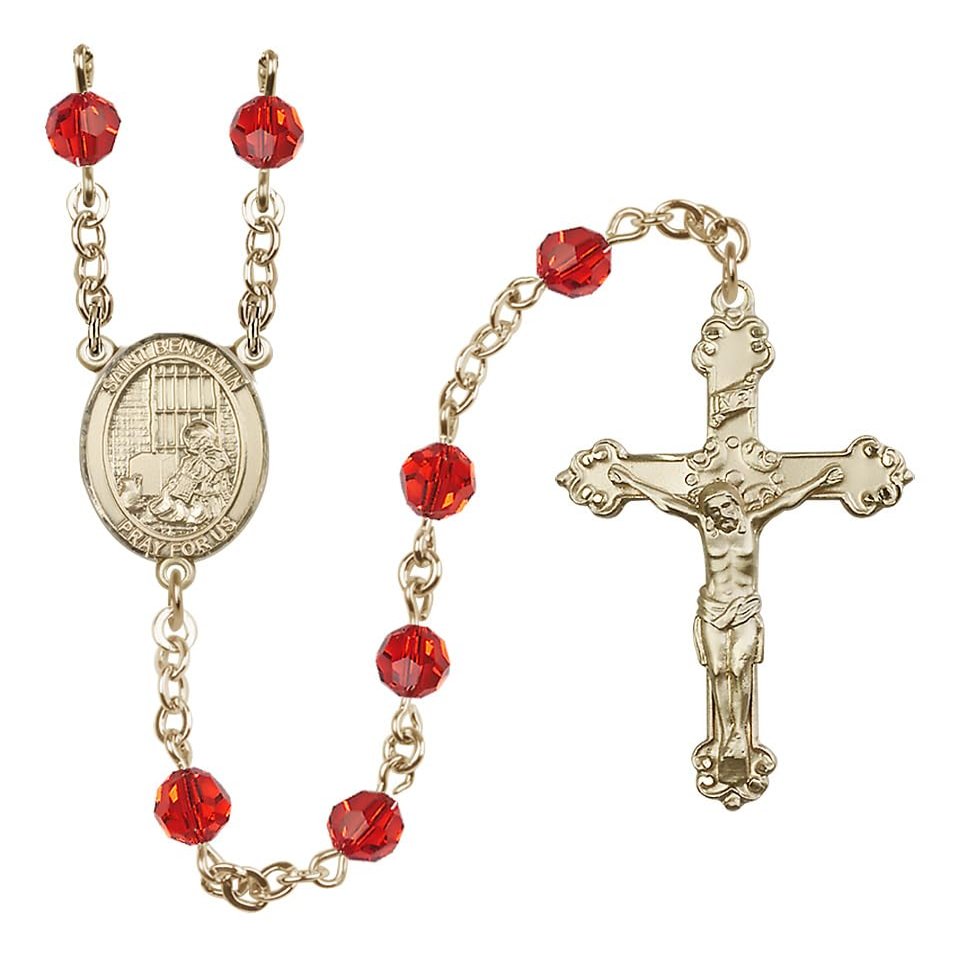 14k Gold-Filled 6mm Austrian Crystal Saint Benjamin Rosary - July Red