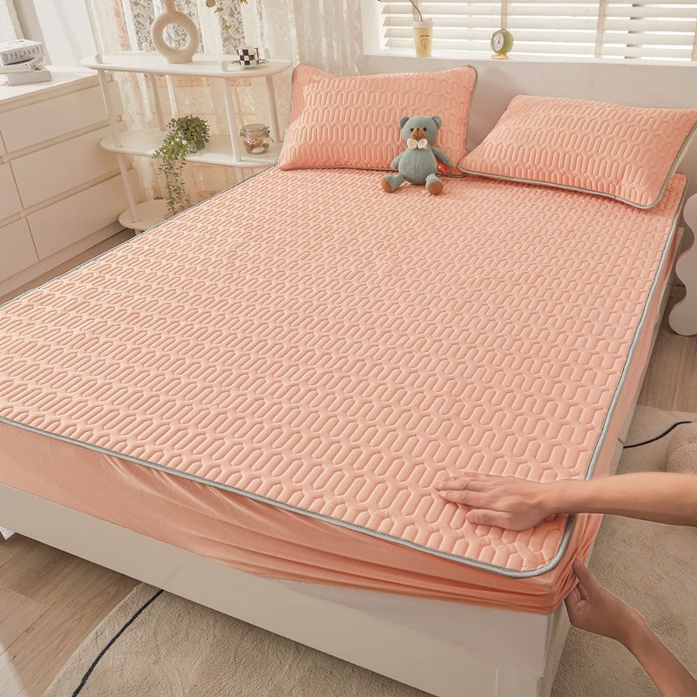 FCLDESHOP Deep Fitted Sheet,Summer Latex Solid Color Bedding Sheet, Cartoon Printed Anti-Slip Deep Pocket Mattress Protector Pillowcase,Pink,180 * 200cm (3pcs)