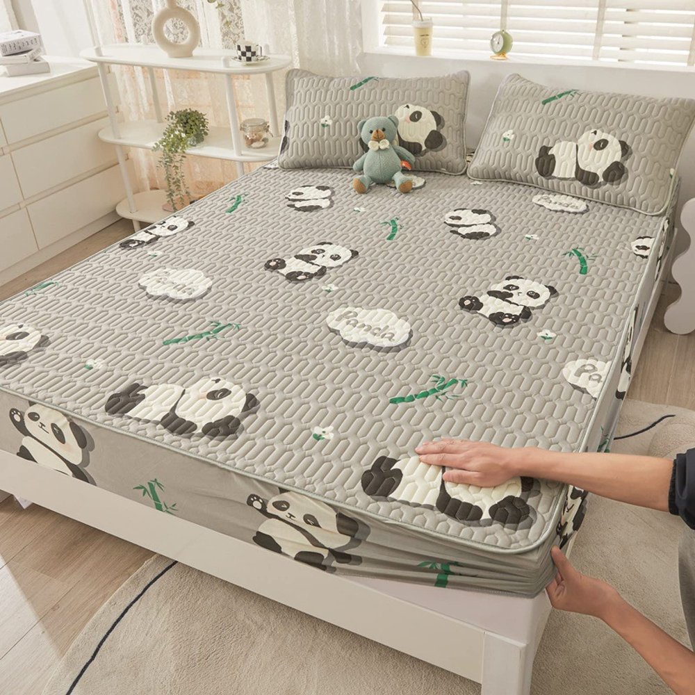 FCLDESHOP Soft Deep Pockets Fitted Sheet,Summer Latex Solid Color Bedding Sheet, Cartoon Printed Anti-Slip Deep Pocket Mattress Protector Pillowcase,Panda,180 * 200cm (3pcs)