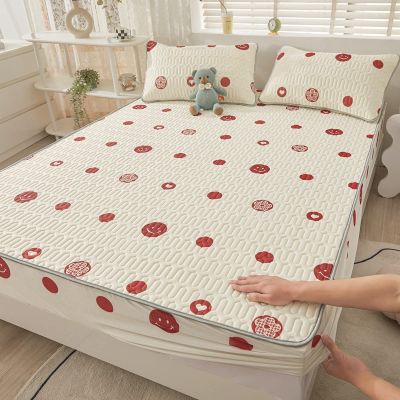 FCLDESHOP King Fitted Sheet,Summer Latex Solid Color Bedding Sheet, Cartoon Printed Anti-Slip Deep Pocket Mattress Protector Pillowcase,red,180 * 200cm (3pcs)