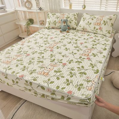 FCLDESHOP No Pop-Off Elastic Sheet,Summer Latex Solid Color Bedding Sheet, Cartoon Printed Anti-Slip Deep Pocket Mattress Protector Pillowcase,Rabbit 1,180 * 200cm (3pcs)