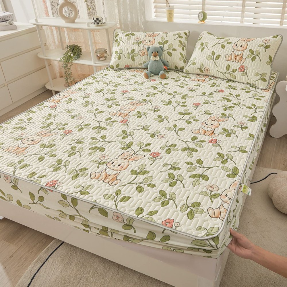 FCLDESHOP No Pop-Off Elastic Sheet,Summer Latex Solid Color Bedding Sheet, Cartoon Printed Anti-Slip Deep Pocket Mattress Protector Pillowcase,Rabbit 1,180 * 200cm (3pcs)