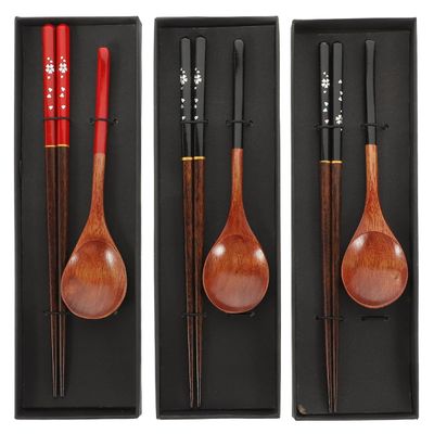 FELTECHELECTR Japanese Style Wooden Spoon and Chopstick Set 3 Pairs Lightweight Reusable Travel Utensils for Picnic Office and Home Use