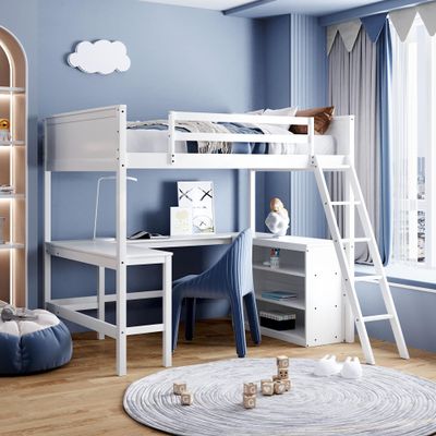 SECOLI Wooden Full Size Bed Frame Full Size Loft Bed with Shelves and Desk, Wooden Loft Bed with Desk - White