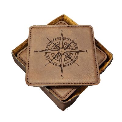 Compass Nautical Coasters - Handmade Coasters Set of 6 - Engraved Barware Decorations - Leather Bar Decor - Man Cave Father's Day Present