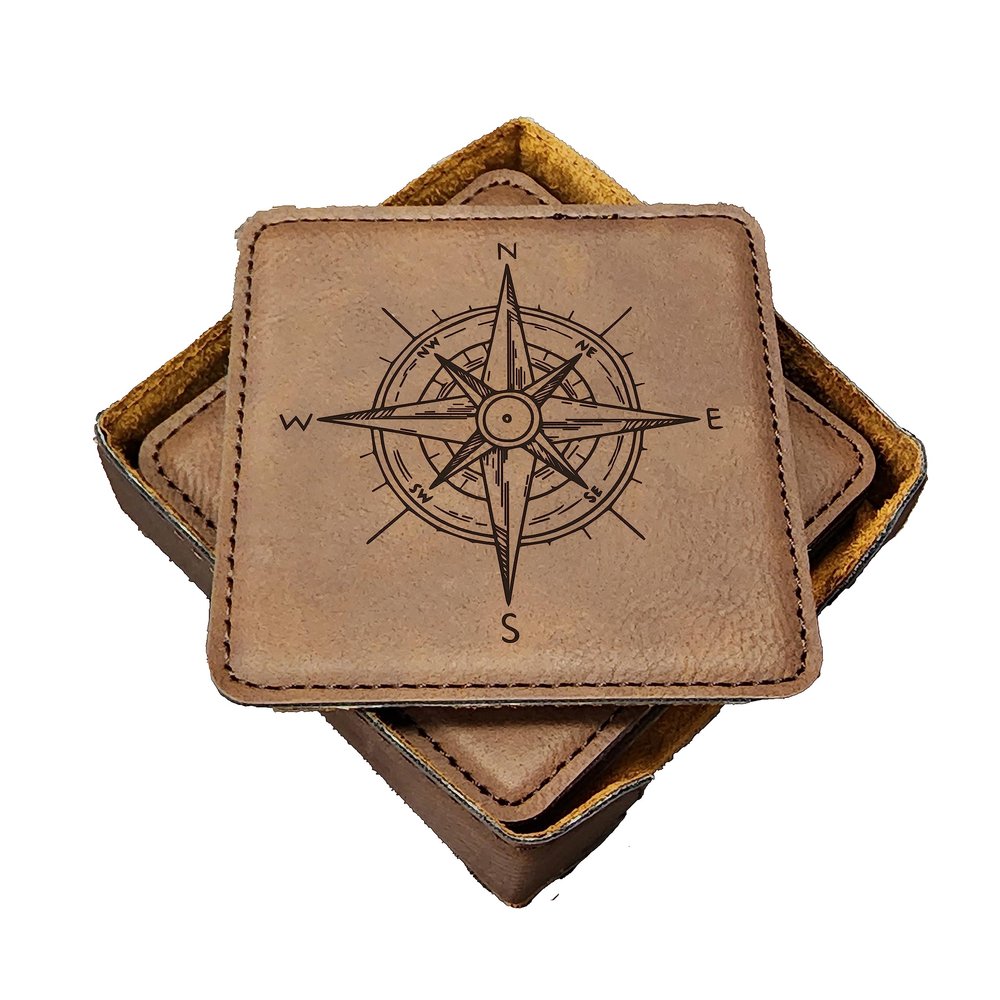 Compass Nautical Coasters - Handmade Coasters Set of 6 - Engraved Barware Decorations - Leather Bar Decor - Man Cave Father's Day Present
