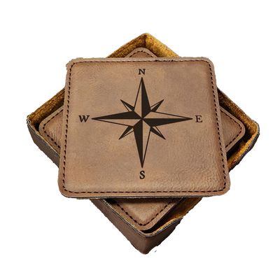 Compass Nautical Coasters - Handmade Coasters Set of 6 - Engraved Barware Decorations - Leather Bar Decor - Man Cave Father's Day Present
