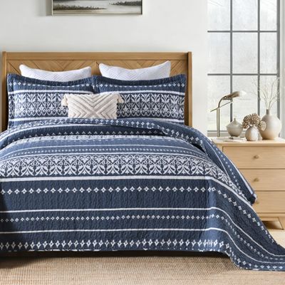 Cinefoso Boho Quilt Set Queen Size 3-Piece - Navy Blue/White Striped Bohemian Bedspread Coverlet 100% Cotton - Lightweight Quilted Comforter Beddings for All Season