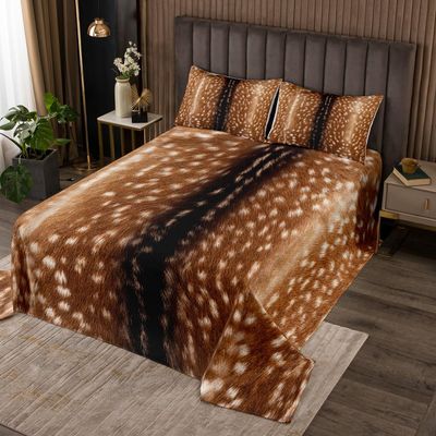 Erosebridal Brown Deer Hide Quilt Set for Men Women,Hunting Elk Reindeer Fur Bedspread Set Queen,Jungle Woodland Animal Skin Coverlet Set,Wild Animals Print Quilted Wild Safari Themed Room Decor