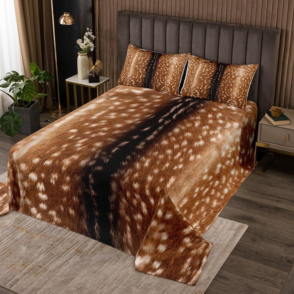 Erosebridal Brown Deer Hide Quilt Set for Men Women,Hunting Elk Reindeer Fur Bedspread Set Queen,Jungle Woodland Animal Skin Coverlet Set,Wild Animals Print Quilted Wild Safari Themed Room Decor