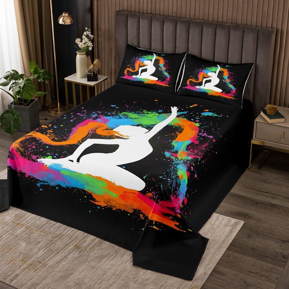 Ballet Bedspread Set King,Ballet Dancer Ballerina Quilt Set,Watercolor Tie Dye Coverlet Set,Gym Sport Bedding Set Birthday Gifts for Women Girls Teal Orange Pink Red Green Yellow Purple Black