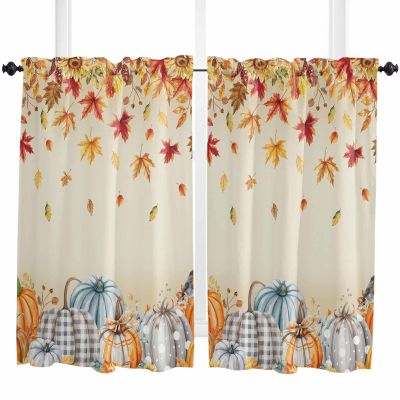 ARTSHOWING Pumpkin with Maple Leaves Kitchen Curtains 2 Panels Tier Curtains for Living Room Farmhouse Cafe Curtains for Bathroom Light Filtering Rod Pocket Short Window Curtain, Fall Thanksgiving