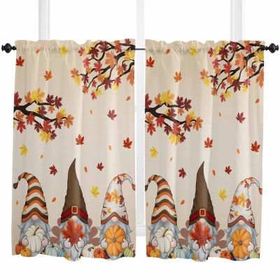 ARTSHOWING Gnomes Kitchen Curtains 2 Panels Tier Curtains for Living Room Farmhouse Cafe Curtains for Bathroom Light Filtering Rod Pocket Short Window Curtain, Cute Gnomes with Pumpkins Maple Leaf