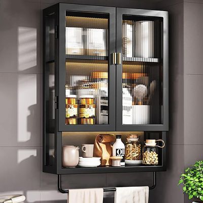 Bathroom Cabinet Wall Mounted with Towel Bar Metal Medicine Cabinet with Door Bathroom Wall Cabinet Over The Toilet Storage Cabinet Hanging Cabinet for Bathroom Livingroom Kitchen,Black,40x15x70cm/16"