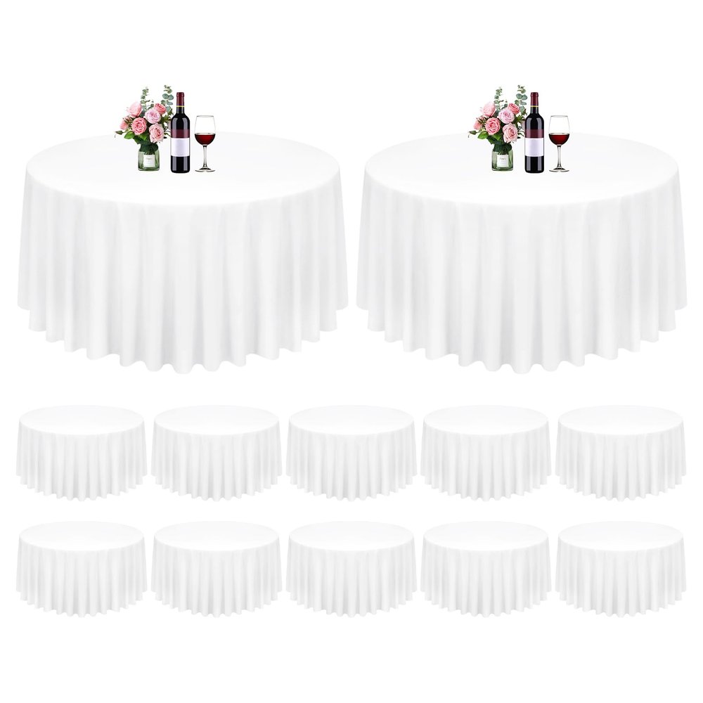 12 Pack White Round Tablecloth 120 Inch Circle Polyester Tablecloth, Washable Fabric Stain and Wrinkle Resistant Round Tablecloths for Wedding Parties Banquet Reception Dining