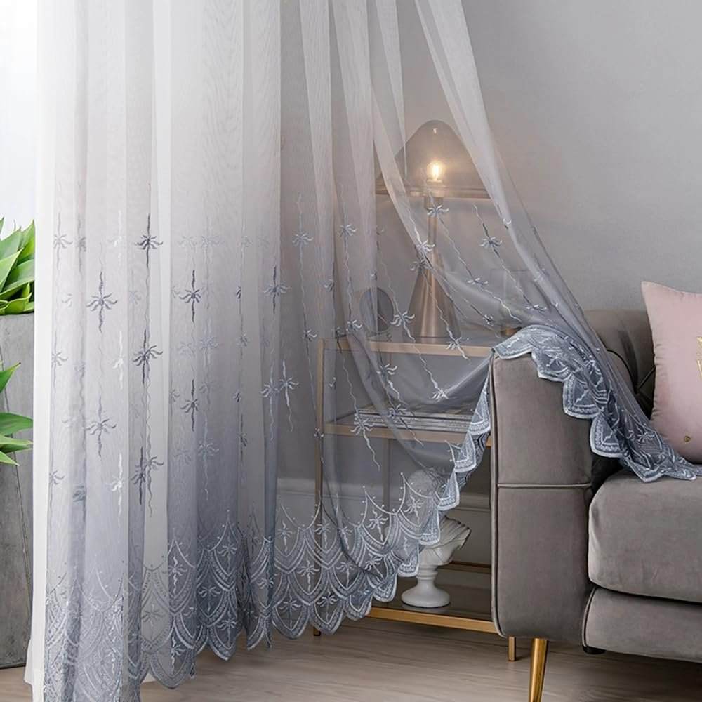 AZIMUZIXI Grey Ombre Embroidered Sheer Voile Curtains with Scalloped Bottom Design 72 Inches Long,Decorative Floral Sheer Window Drapes for Living Room Bedroom W54 x L72 Inch,Set of 2 Curtain Panels