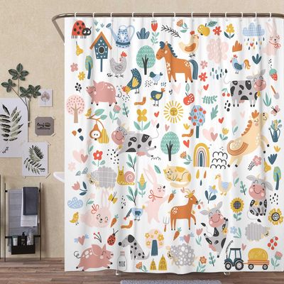 Boho Rustic Farm animals shower curtain, Colorful Kid Funny Cartoon Animal Boys Kids Shower Curtain for Bathroom, Funny Farmhouse Pig Cow Cat Set Fabric Bathroom Accessories Sets with Hooks, 60X70IN