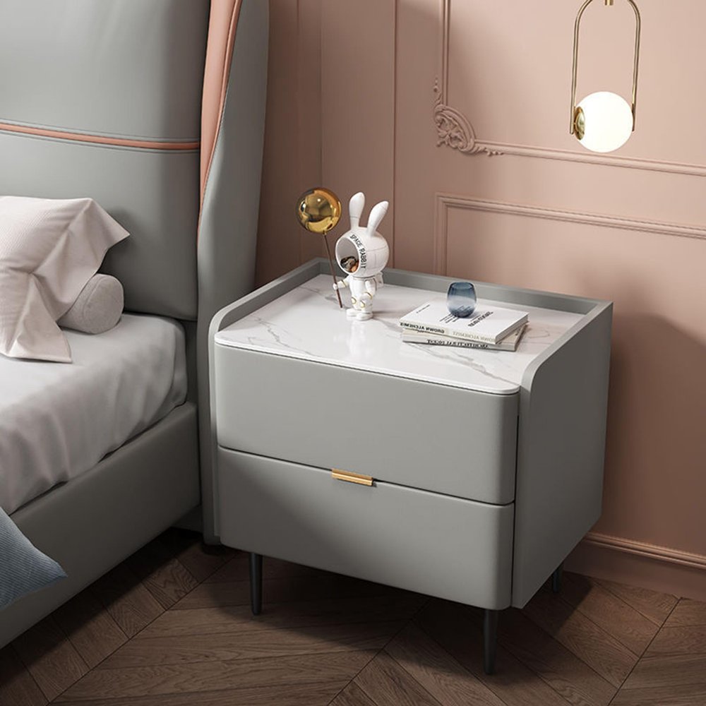 All Solid Wood Nightstand, Net Red Cream Style Bedside Table, Light Luxury Slate Leather Bedside Cabinet, Minimalist Modern Bedroom Bedside Cupboard (C 454050cm)