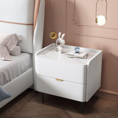All Solid Wood Nightstand, Net Red Cream Style Bedside Table, Light Luxury Slate Leather Bedside Cabinet, Minimalist Modern Bedroom Bedside Cupboard (B 354050cm)