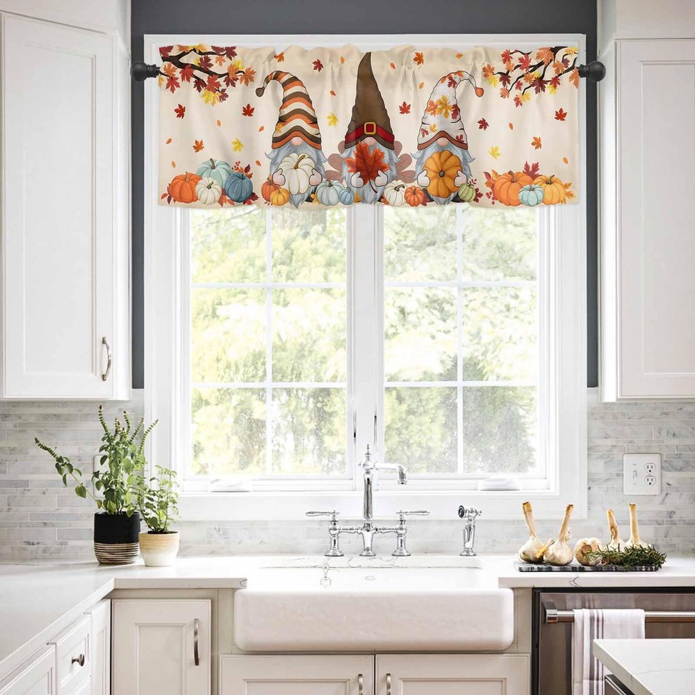 ARTSHOWING Valances for Windows, Gnomes Rod Pocket Kitchen Curtains Valances Short Window Curtains for Kitchen Bathroom Bedroom, Small Window Treatment Valances, Cute Gnomes with Pumpkins Maple Leaf