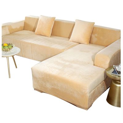 GUYIRT Velvet Sectional Couch Covers for 5 Seater, Soft 2 Pieces Couch Cover L Shape Stretch Chaise Corner Sofa Slipcover Washable Cat Dogs Furniture Protector -Beige-4+3 Seater