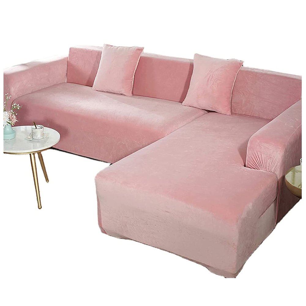GUYIRT Velvet Sectional Couch Covers for 5 Seater, Soft 2 Pieces Couch Cover L Shape Stretch Chaise Corner Sofa Slipcover Washable Cat Dogs Furniture Protector -Pink-3+2 Seater