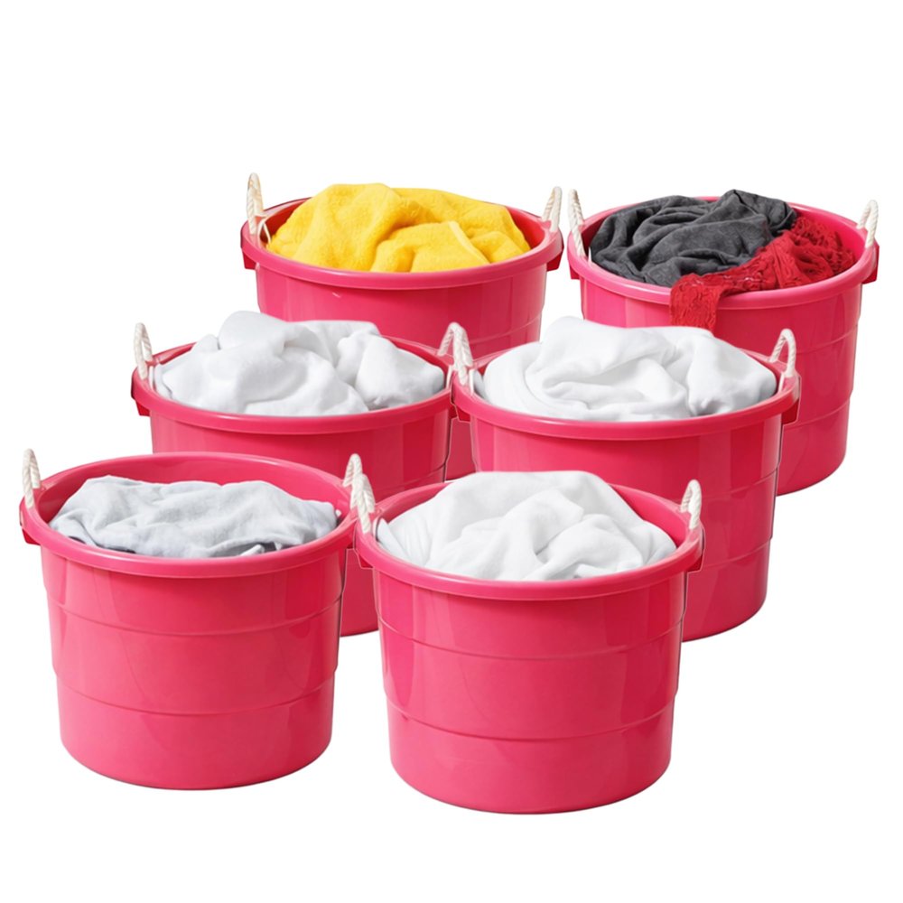 HOMZ Utility Tub, Storage Bucket with Rope Handles, 18 Gal, Pink, 6 Pack