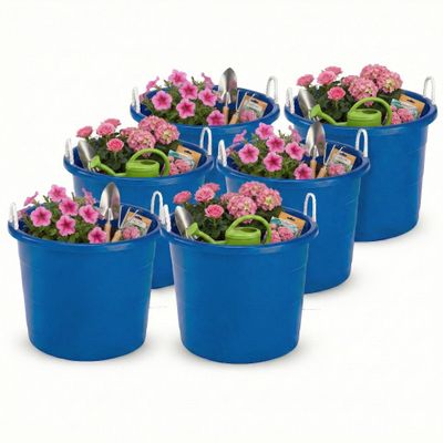 HOMZ 6-Pack Utility Tub, Large Plastic Storage Bucket with Rope Handles, 18 Gallon, Blue - Portable Indoor and Outdoor Buckets for Kitchen, Laundry, Garden, Bathroom, and Garage Organization