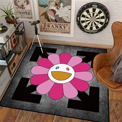 48Inch Takashi Murakami Happy Face Rug - Colorful Flower Design - Non-Slip Bottom - Soft and Cozy - Perfect for Living Room, Bedroom, or Dorm Room Decoration. ( Color : 17 , Size : 48X48inch(120x120cm