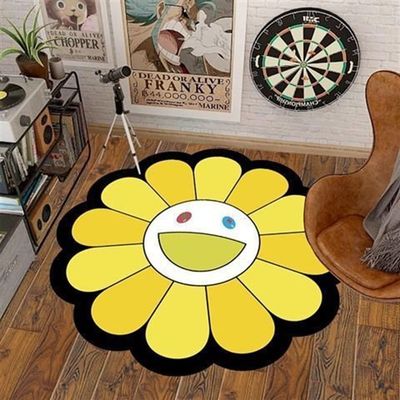 48Inch Takashi Murakami Happy Face Rug - Colorful Flower Design - Non-Slip Bottom - Soft and Cozy - Perfect for Living Room, Bedroom, or Dorm Room Decoration. ( Color : 06 , Size : 48X48inch(120x120cm