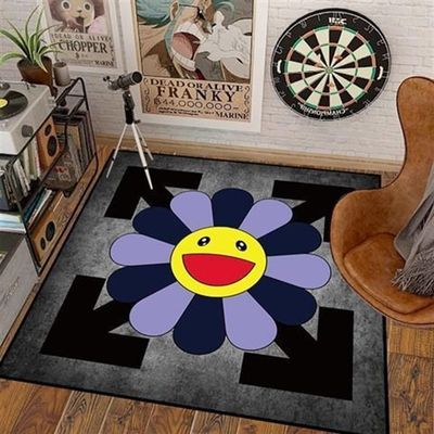 48Inch Takashi Murakami Happy Face Rug - Colorful Flower Design - Non-Slip Bottom - Soft and Cozy - Perfect for Living Room, Bedroom, or Dorm Room Decoration. ( Color : 19 , Size : 48X48inch(120x120cm
