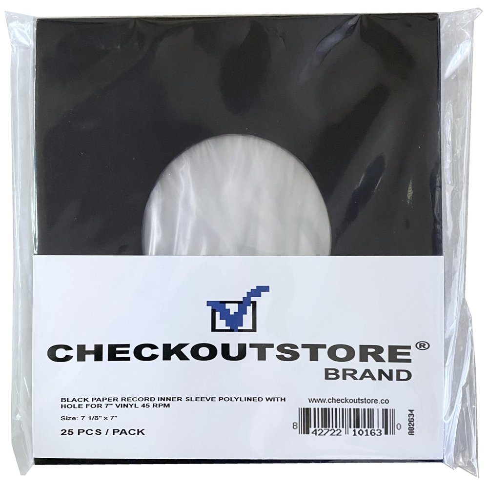 300 CheckOutStore Black Paper Record Sleeves Polylined with Hole for 7" Vinyl 45 RPM Records (Inner Sleeves)