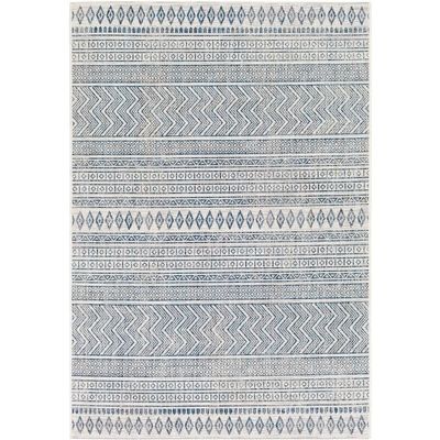 HNU Eclectic Moroccan Style Indoor Outdoor Boho Rug 10' x 14' with Beautiful Striped Tribal Pattern | Pretty Blue/Gray/Ivory Color UV Stain Proof Pet Friendly | All Seasons High Traffic Area Rug