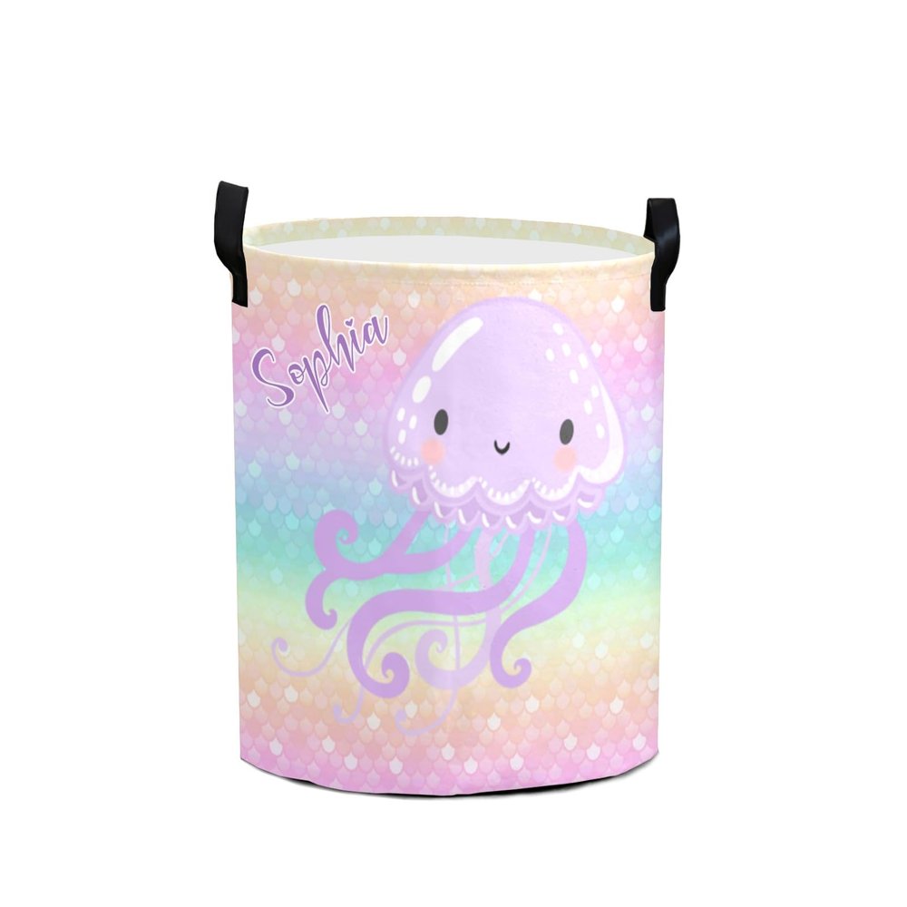 Custom Pink Purple Jellyfish Storage Basket with Handles Personalized Name Waterproof Collapsible Laundry Baskets for Clothes