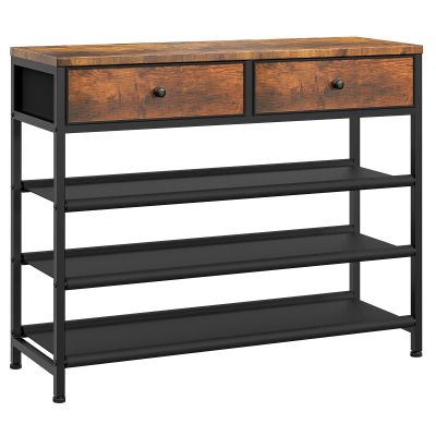 usikey Shoe Rack, 4 Tier Shoe Storage Organizer with 2 Drawers, Metal Shoe Shelf for 12-15 Pairs of Shoes, with 3 Oxford Fabric Shelves and Wooden Top, Shoe Stand for Entryway, Rustic Brown UNYXJX008F