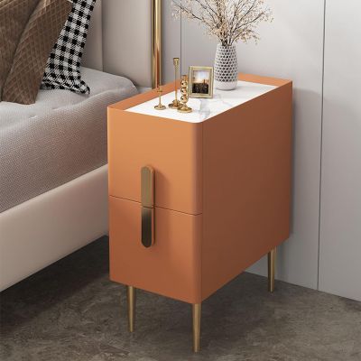 WOLWES Small Nightstand, End Table with Drawer, Tall Nightstand, Bedside Table with Metal Legs and Handles, 2 Drawers (Color : Orange, Size : 40cm)