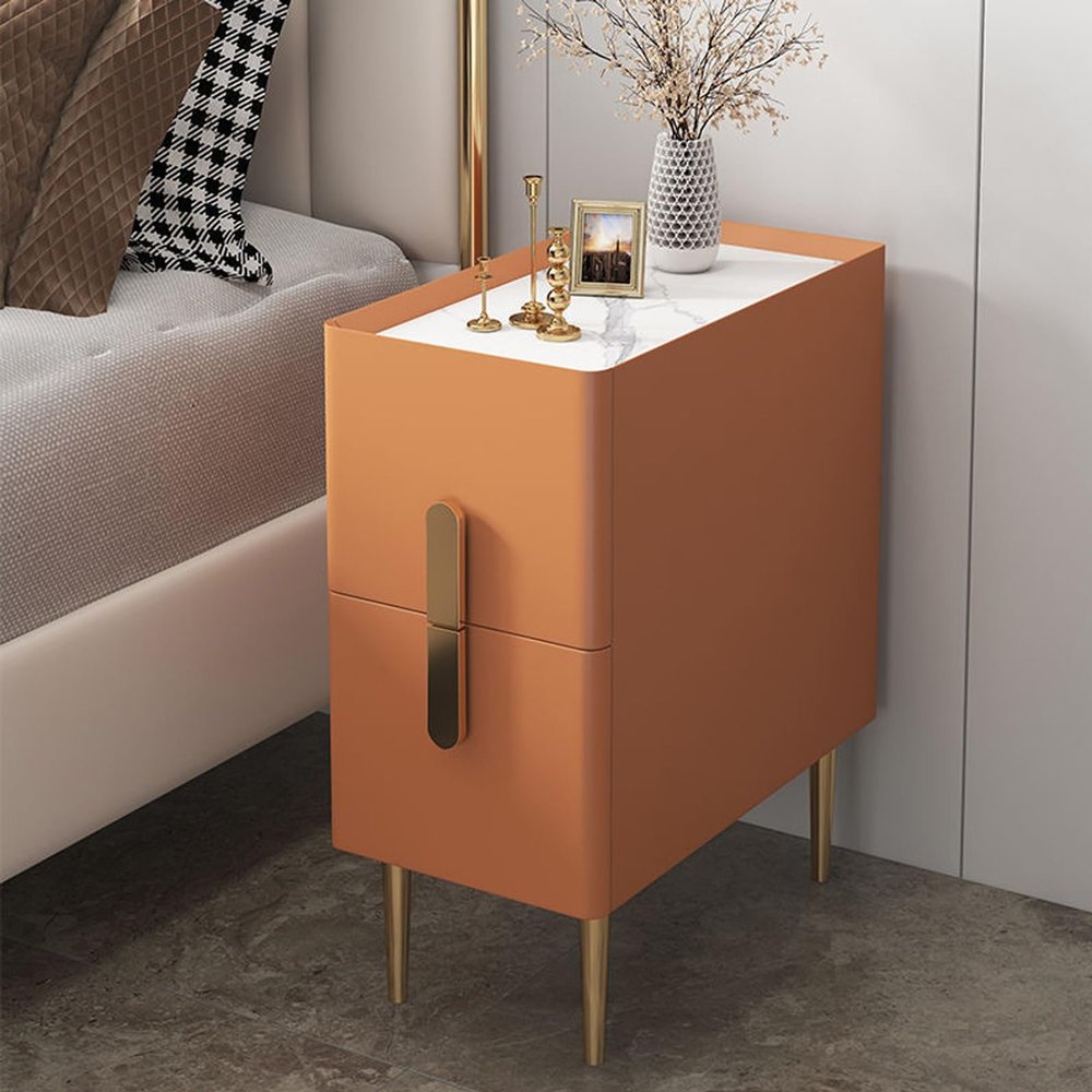 WOLWES Small Nightstand, End Table with Drawer, Tall Nightstand, Bedside Table with Metal Legs and Handles, 2 Drawers (Color : Orange, Size : 40cm)