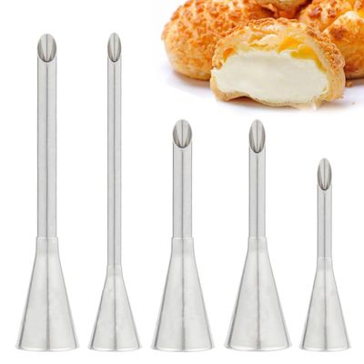 5 Pcs/Set Cream Puff Icing Piping Nozzle Tips, BetterJonny Stainless Steel Long Puff Nozzle Tip Decorating Tools Cake Piping Nozzles Pastry Icing Piping For Baking Cakes Pastries of Various Shapes